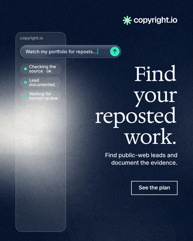 Instagram portrait post for copyright.io: "Find your reposted work." Cyanotype style, right layout, dark palette in blue, black, grey.