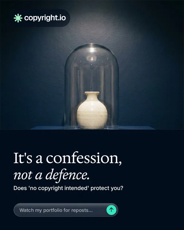 Instagram portrait post for copyright.io: "It's a confession, not a defence." Agentic glass style, bottom layout, dark palette in blue, black, grey.