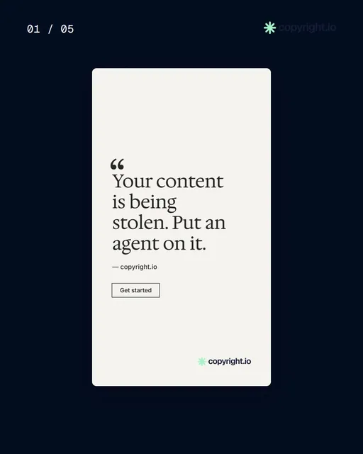 Video for copyright.io. Ad flipbook, 7.5 s, dark palette.
