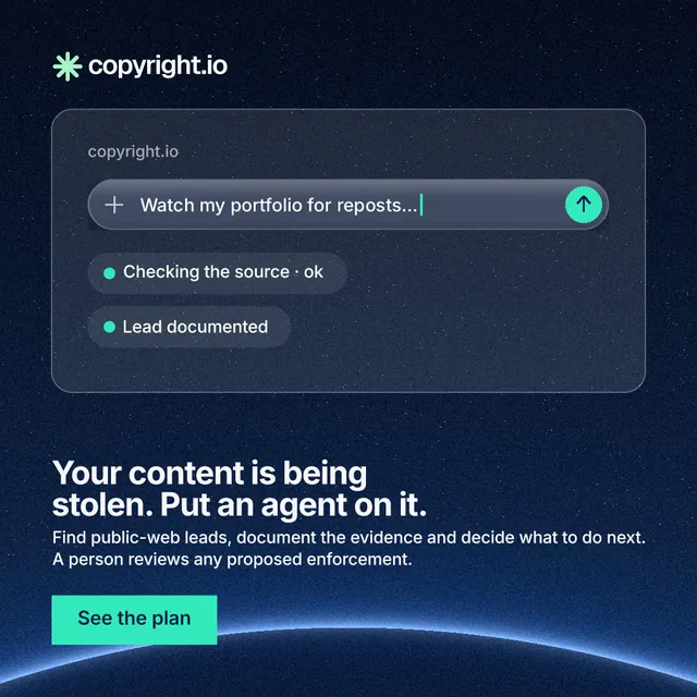 Instagram post for copyright.io: "Your content is being stolen. Put an agent on it." Swiss style, bottom layout, dark palette in blue, black.