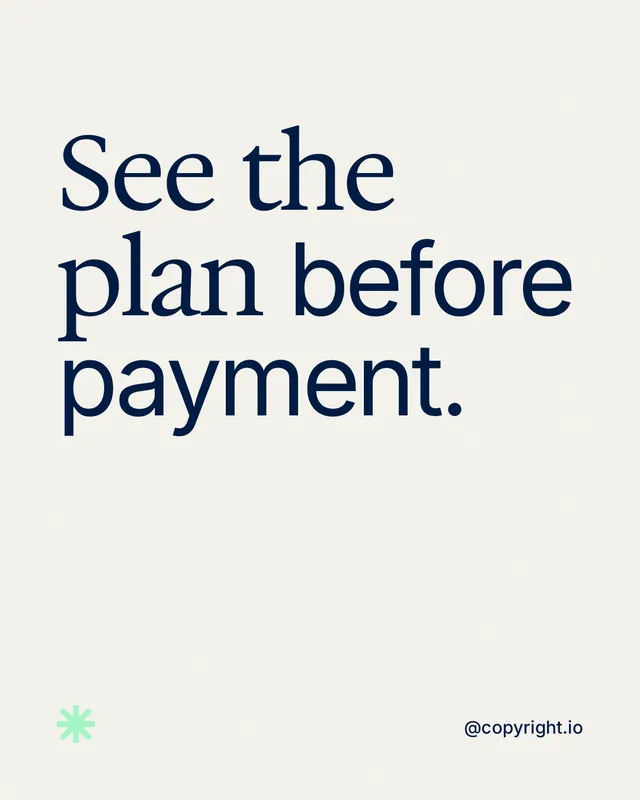 Instagram portrait post for copyright.io: "See the plan before payment." Editorial style, technique:mixed type lockup layout, light palette in white, grey.