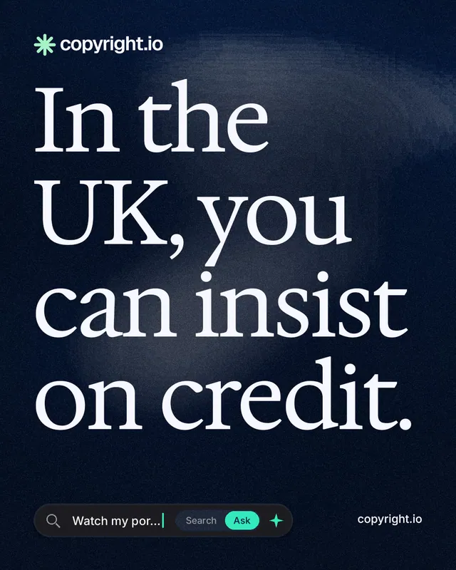 Instagram portrait post for copyright.io: "In the UK, you can insist on credit." Thermal style, poster layout, dark palette in blue, black, grey.
