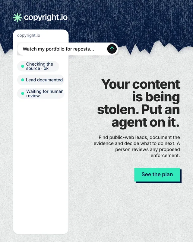 Instagram portrait post for copyright.io: "Your content is being stolen. Put an agent on it." Paper trio style, right layout, light palette in white, blue.