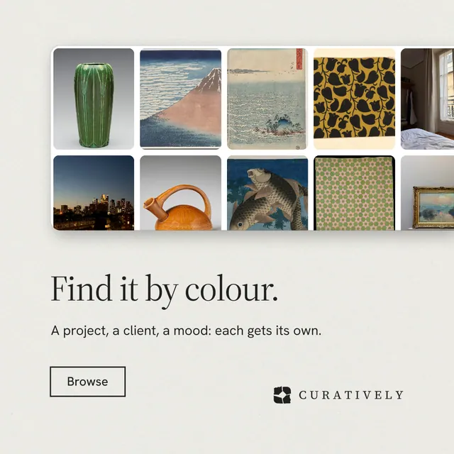 Instagram post for Curatively: "Find it by colour." Editorial style, bottom layout, light palette in white, grey, yellow.