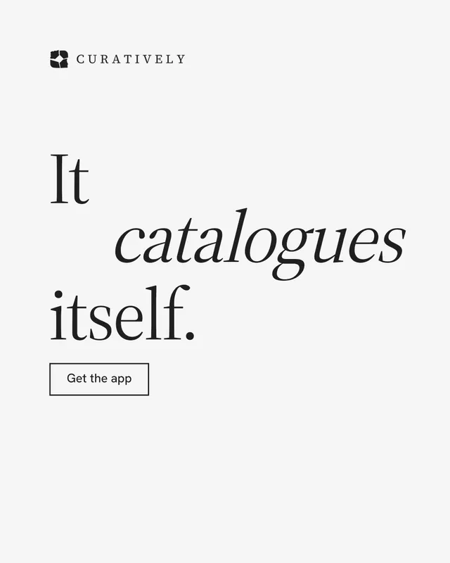 Instagram portrait post for Curatively: "It catalogues itself." Editorial style, stacked layout, light palette in white.