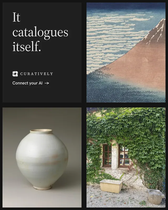 Instagram portrait post for Curatively: "It catalogues itself." Minimal luxury style, collage layout, dark palette in black, grey.