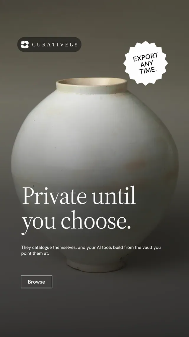 Instagram story for Curatively: "Private until you choose." Editorial style, sticker layout, dark palette in grey, black.