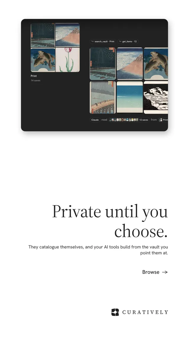 Instagram story for Curatively: "Private until you choose." Minimal luxury style, right layout, light palette in white, black, grey.