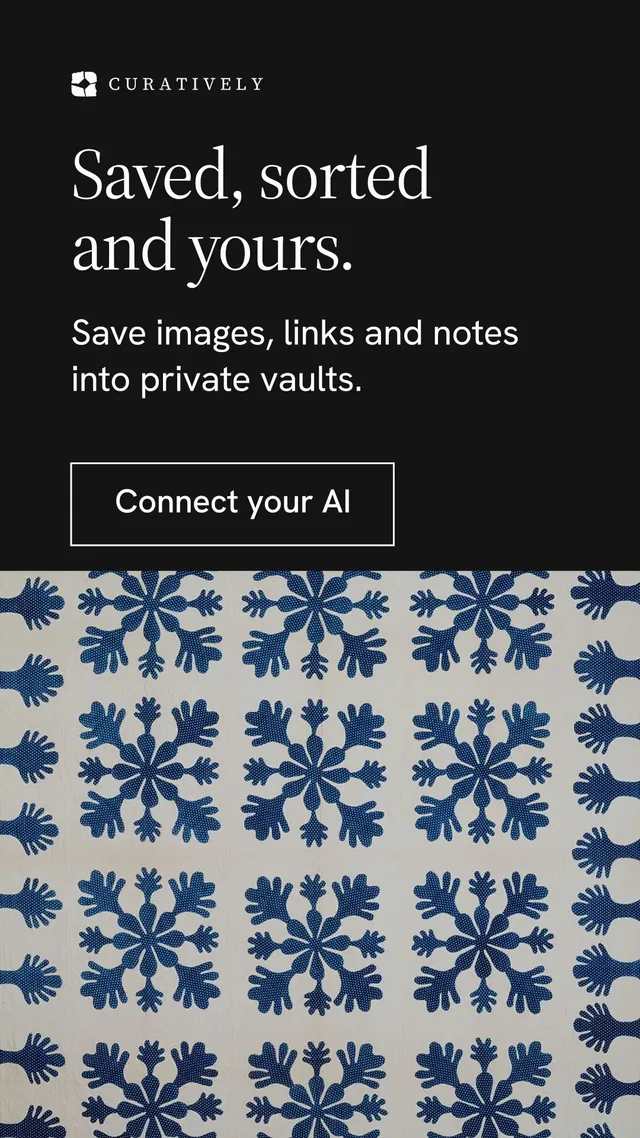 Instagram story for Curatively: "Saved, sorted and yours." Editorial style, skeleton layout, dark palette in black, grey.