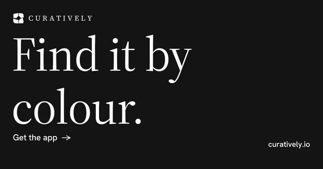 Social ad for Curatively: "Find it by colour." Minimal luxury style, poster layout, dark palette in black, grey.