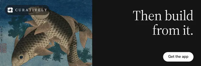 X header for Curatively: "Then build from it." Photo poster style, right layout, dark palette in black, blue, grey.