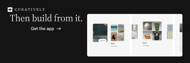 X header for Curatively: "Then build from it." Minimal luxury style, skeleton layout, dark palette in black, white, grey.