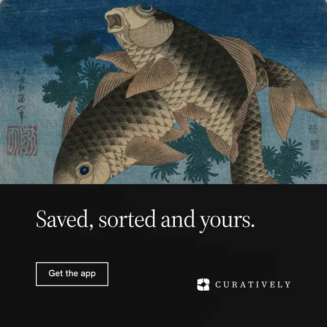 Instagram post for Curatively: "Saved, sorted and yours." Editorial style, bottom layout, dark palette in black, grey, blue.