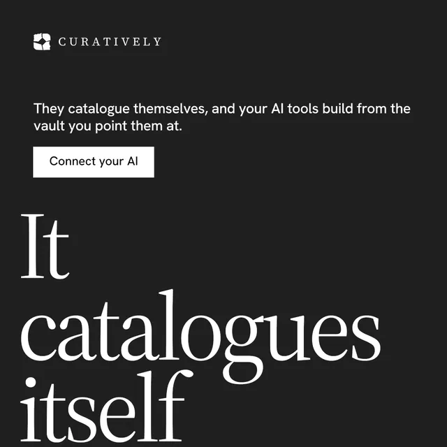 Instagram post for Curatively: "Find it by colour." Split block style, oversized layout, dark palette in black, grey.