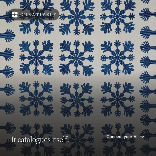Instagram post for Curatively: "It catalogues itself." Photo poster style, image led layout, dark palette in grey, blue.