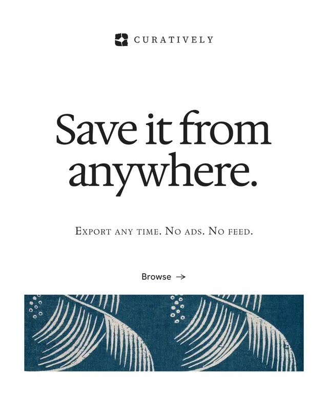 Instagram portrait post for Curatively: "Save it from anywhere." Swiss style, smallcaps layout, light palette in white, blue, grey.
