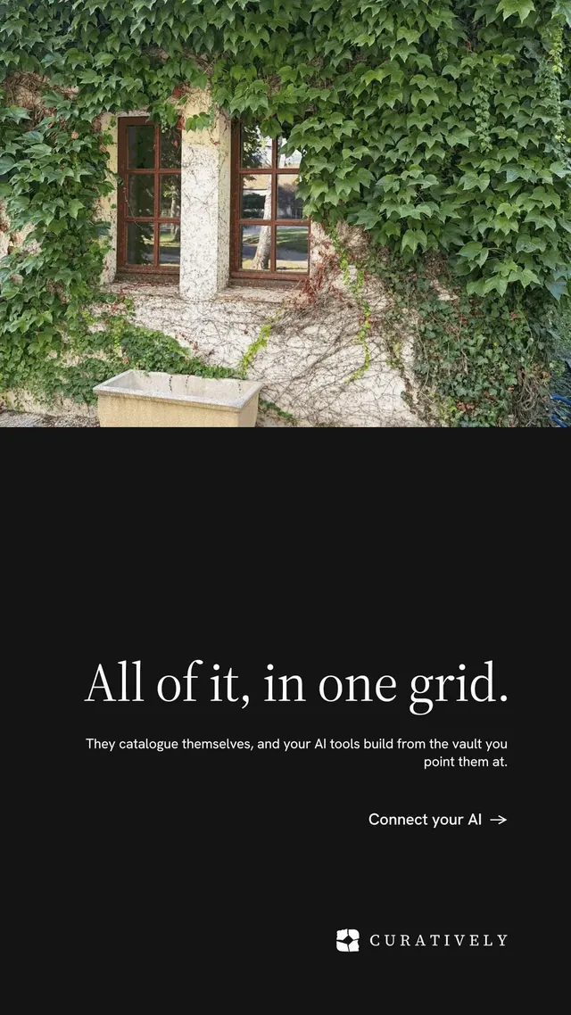 Instagram story for Curatively: "All of it, in one grid." Minimal luxury style, right layout, dark palette in black, green, grey.