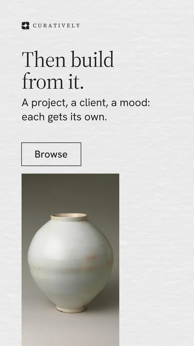 Instagram story for Curatively: "Then build from it." Editorial style, skeleton layout, light palette in white, grey.