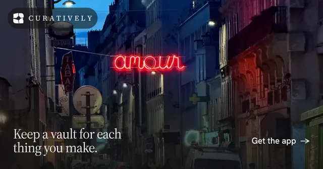 Social ad for Curatively: "Keep a vault for each thing you make." Editorial style, image led layout, dark palette in black, red, grey.