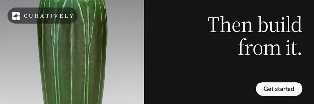 X header for Curatively: "Then build from it." Photo poster style, right layout, dark palette in black, grey.