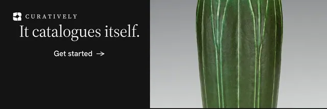 X header for Curatively: "It catalogues itself." Minimal luxury style, skeleton layout, dark palette in black, grey, green.