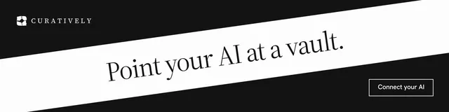 LinkedIn banner for Curatively: "Point your AI at a vault." Editorial style, diagonal layout, light palette in white, black.