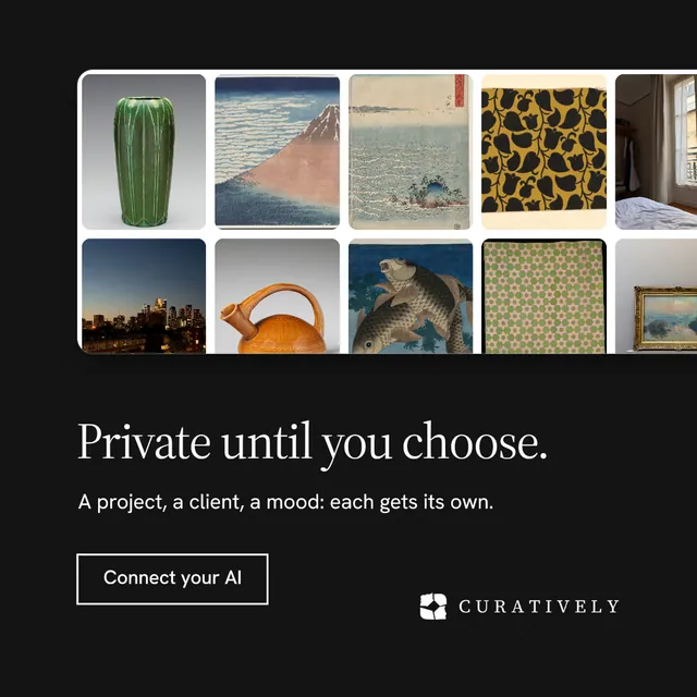 Instagram post for Curatively: "Private until you choose." Editorial style, bottom layout, dark palette in black, grey.