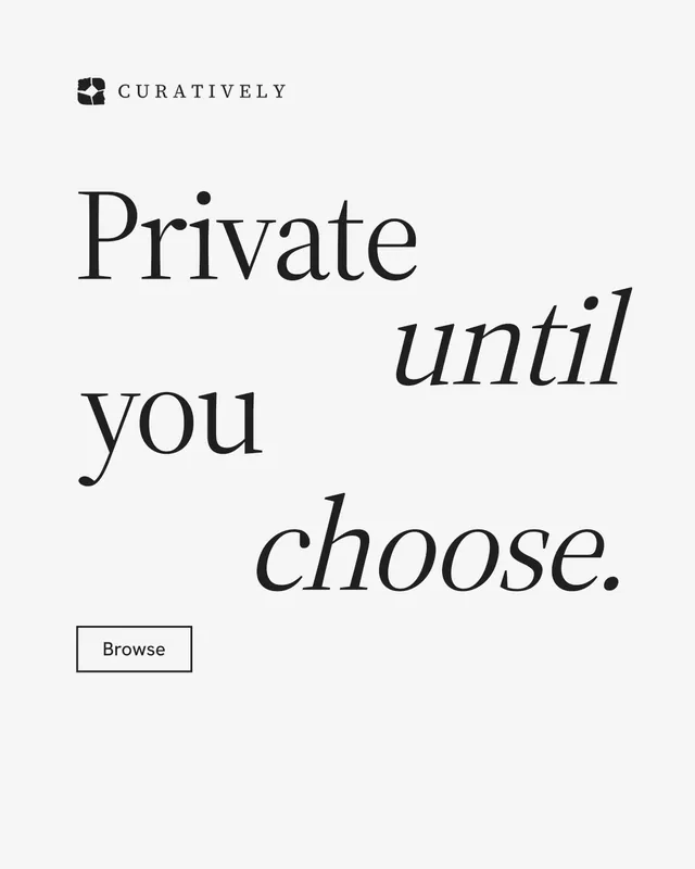 Instagram portrait post for Curatively: "Private until you choose." Editorial style, stacked layout, light palette in white, grey.