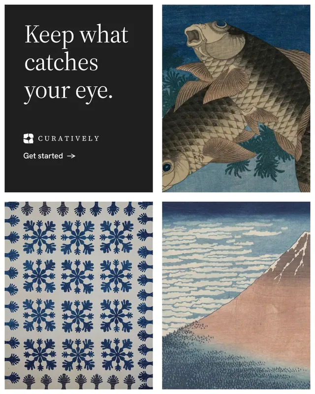 Instagram portrait post for Curatively: "Keep what catches your eye." Minimal luxury style, collage layout, light palette in black, grey, white.