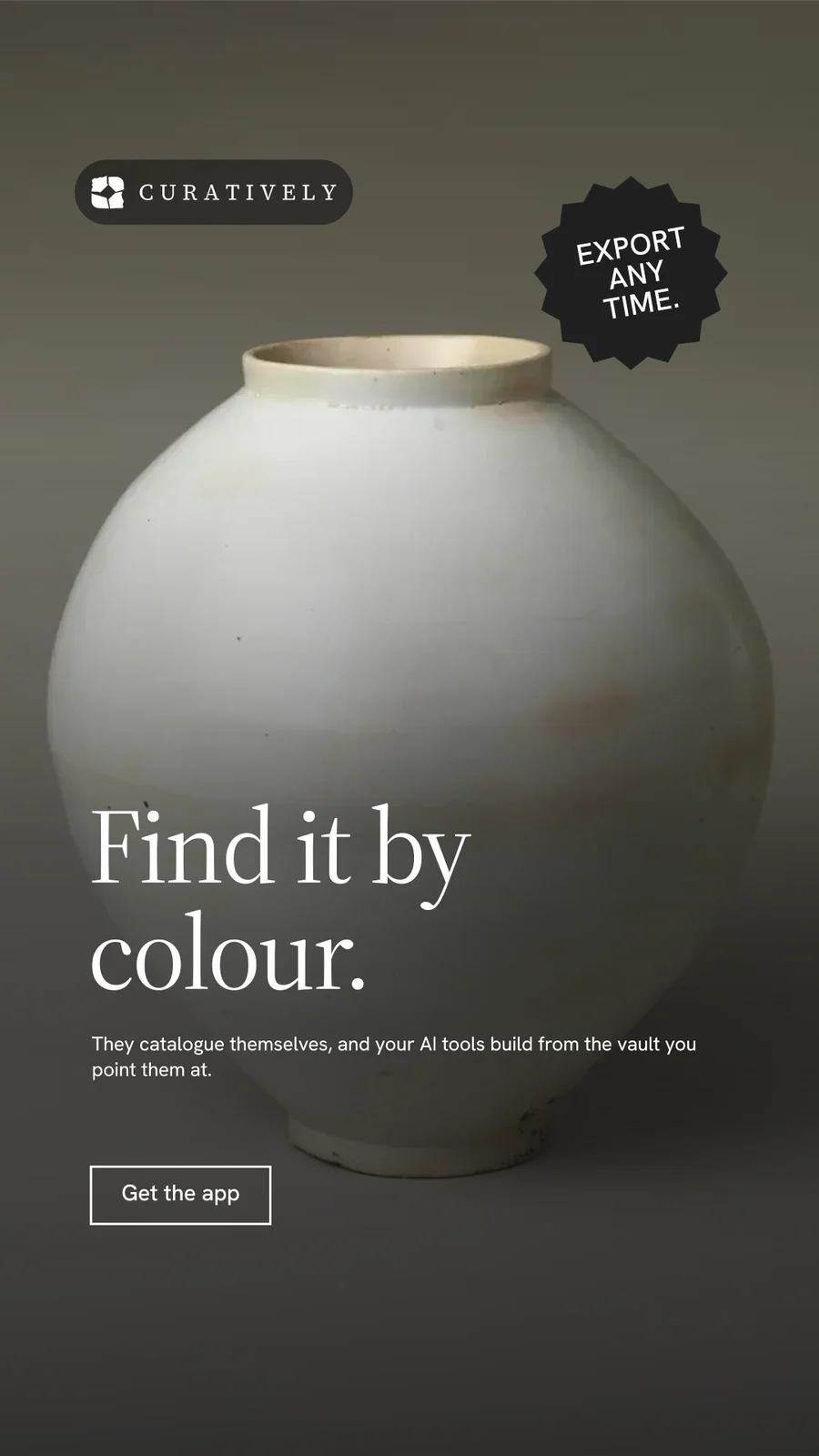 Instagram story for Curatively: "Find it by colour." Editorial style, sticker layout, dark palette in grey, black.