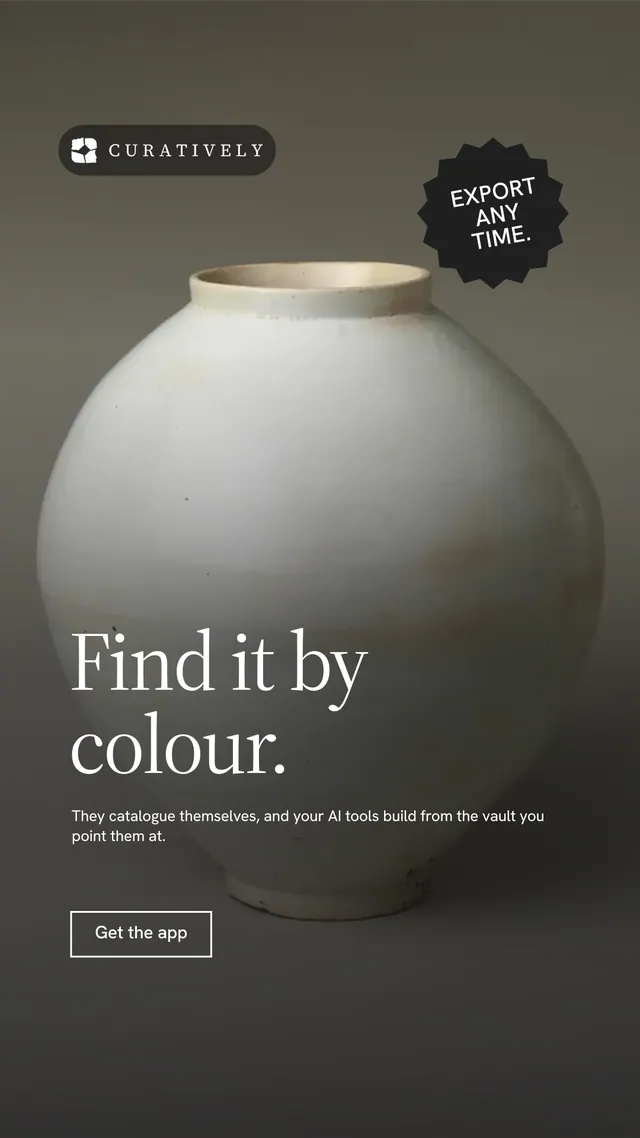 Instagram story for Curatively: "Find it by colour." Editorial style, sticker layout, dark palette in grey, black.