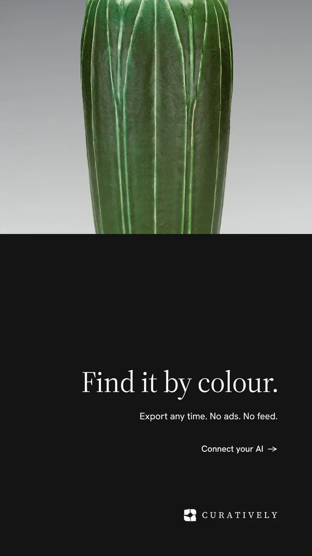 Instagram story for Curatively: "Find it by colour." Minimal luxury style, right layout, dark palette in black, grey, green.