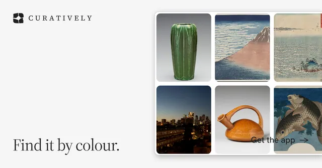 Social ad for Curatively: "Find it by colour." Editorial style, image led layout, light palette in white, grey.