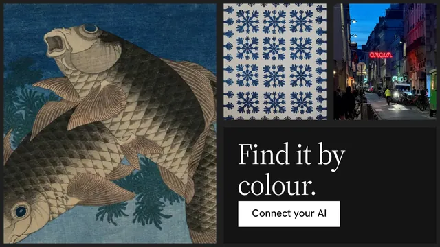Landscape graphic for Curatively: "Find it by colour." Split block style, collage layout, dark palette in black, grey.
