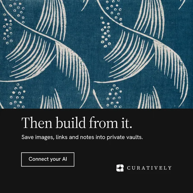Instagram post for Curatively: "Then build from it." Editorial style, bottom layout, dark palette in blue, black, grey.