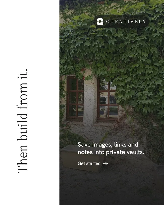 Instagram portrait post for Curatively: "Then build from it." Minimal luxury style, vertical layout, light palette in white, black, green.