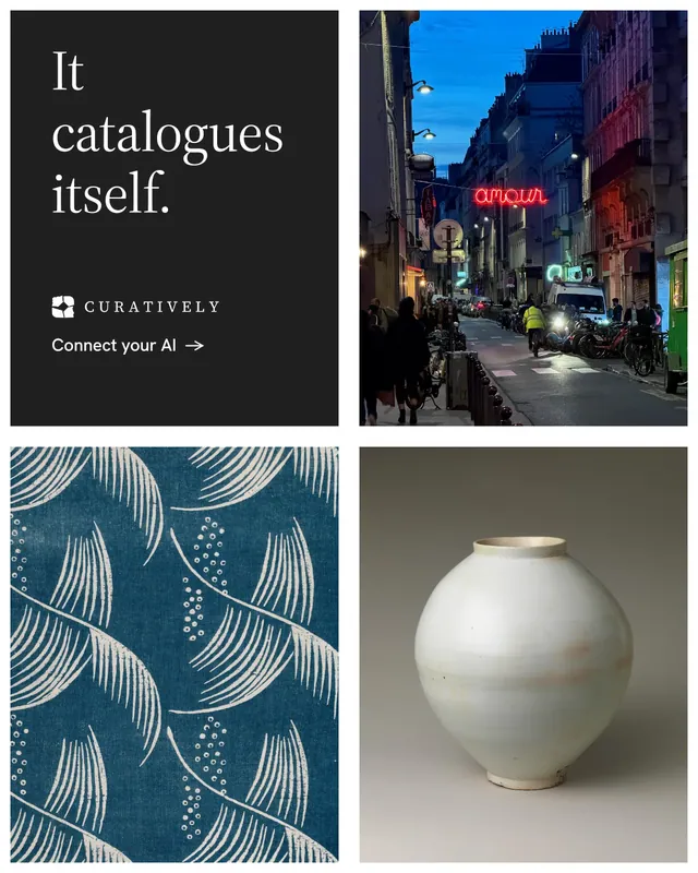 Instagram portrait post for Curatively: "It catalogues itself." Minimal luxury style, collage layout, dark palette in grey, black, blue.