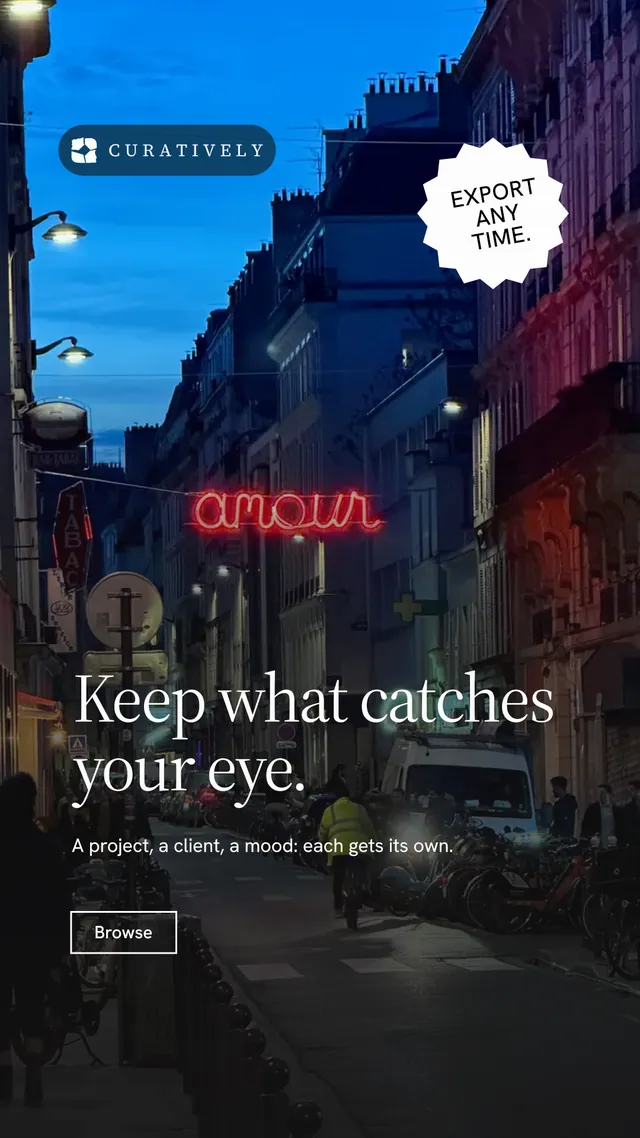 Instagram story for Curatively: "Keep what catches your eye." Editorial style, sticker layout, dark palette in black, blue.