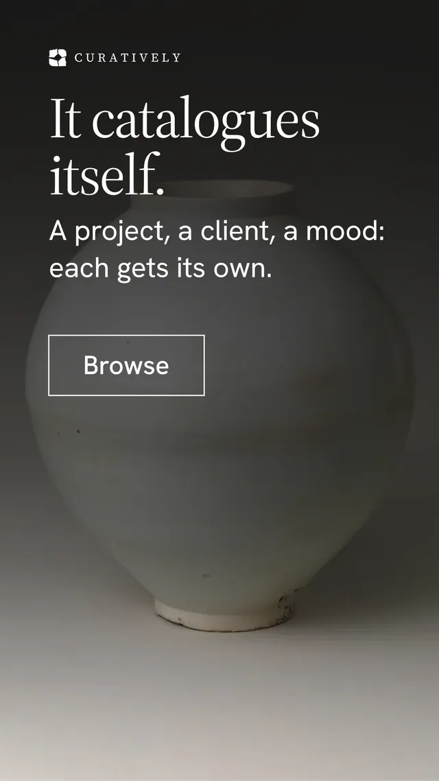 Instagram story for Curatively: "It catalogues itself." Editorial style, skeleton layout, dark palette in black, grey.