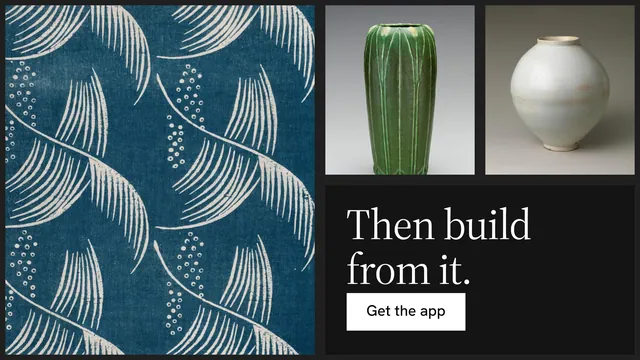 Landscape graphic for Curatively: "Then build from it." Split block style, collage layout, dark palette in blue, black, grey.