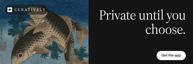 X header for Curatively: "Private until you choose." Photo poster style, right layout, dark palette in black, blue, grey.