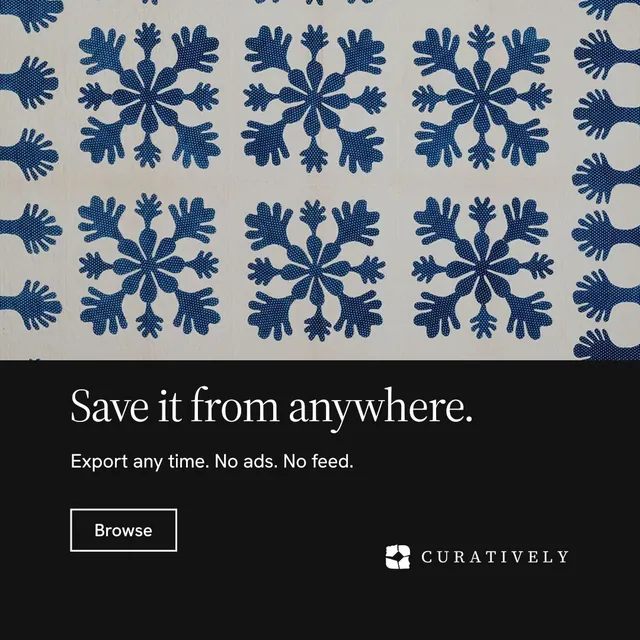 Instagram post for Curatively: "Save it from anywhere." Editorial style, bottom layout, dark palette in black, grey, blue.
