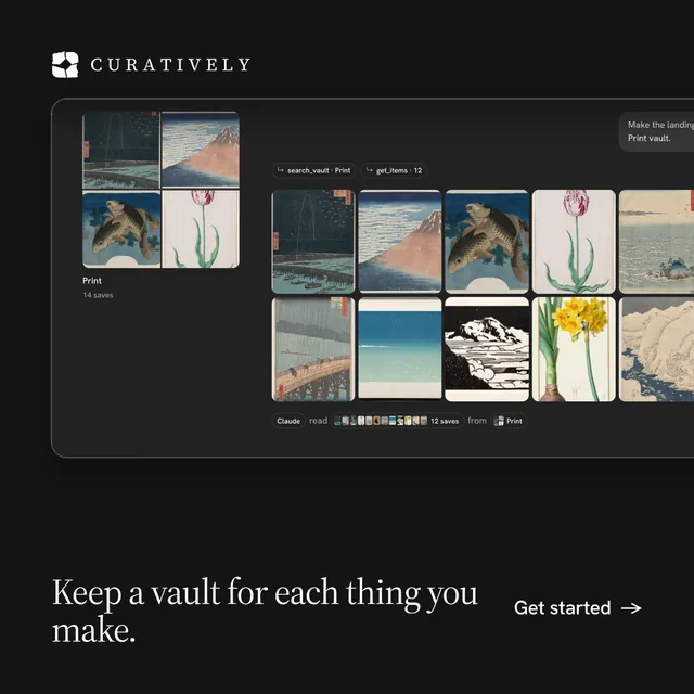 Instagram post for Curatively: "Keep a vault for each thing you make." Photo poster style, image led layout, dark palette in black, grey.