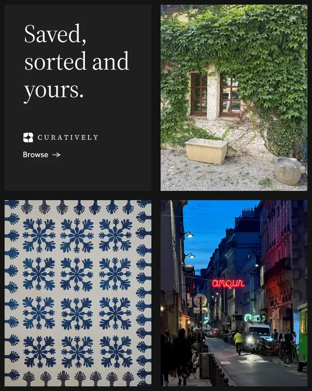 Instagram portrait post for Curatively: "Saved, sorted and yours." Minimal luxury style, collage layout, dark palette in black, grey.