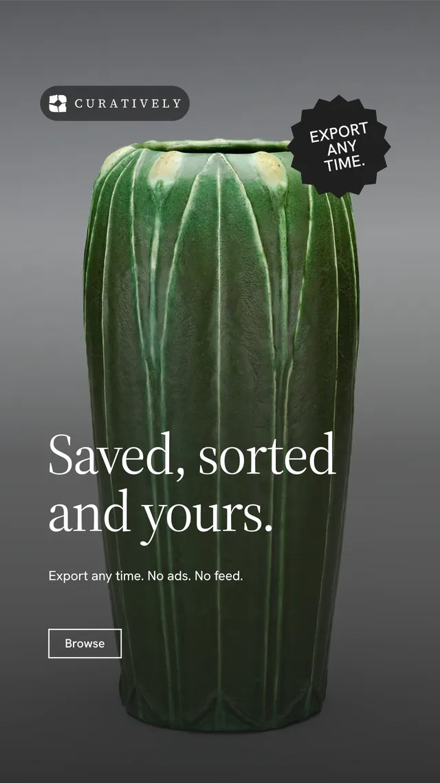Instagram story for Curatively: "Saved, sorted and yours." Editorial style, sticker layout, dark palette in grey, black.