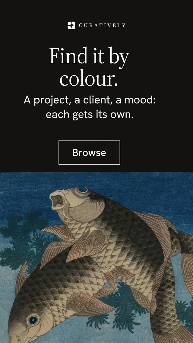 Instagram story for Curatively: "Find it by colour." Editorial style, skeleton layout, dark palette in black, grey, blue.