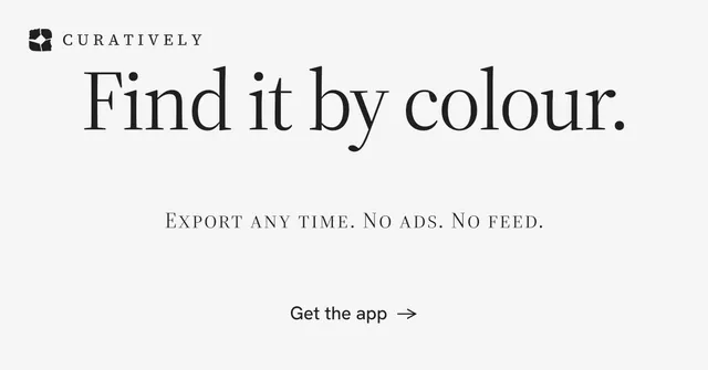 Social ad for Curatively: "Find it by colour." Editorial style, smallcaps layout, light palette in white.