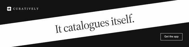 LinkedIn banner for Curatively: "It catalogues itself." Editorial style, diagonal layout, light palette in white, black.
