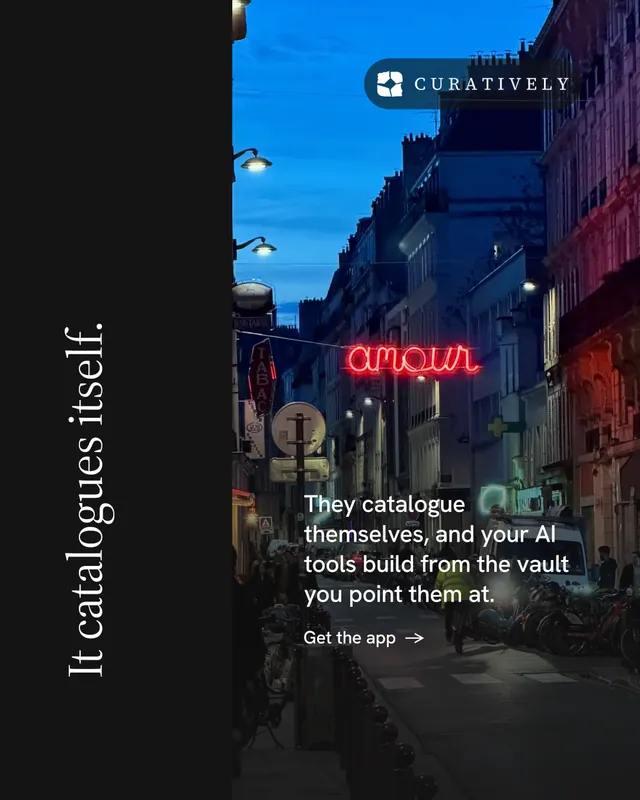 Instagram portrait post for Curatively: "It catalogues itself." Minimal luxury style, vertical layout, dark palette in black, blue.