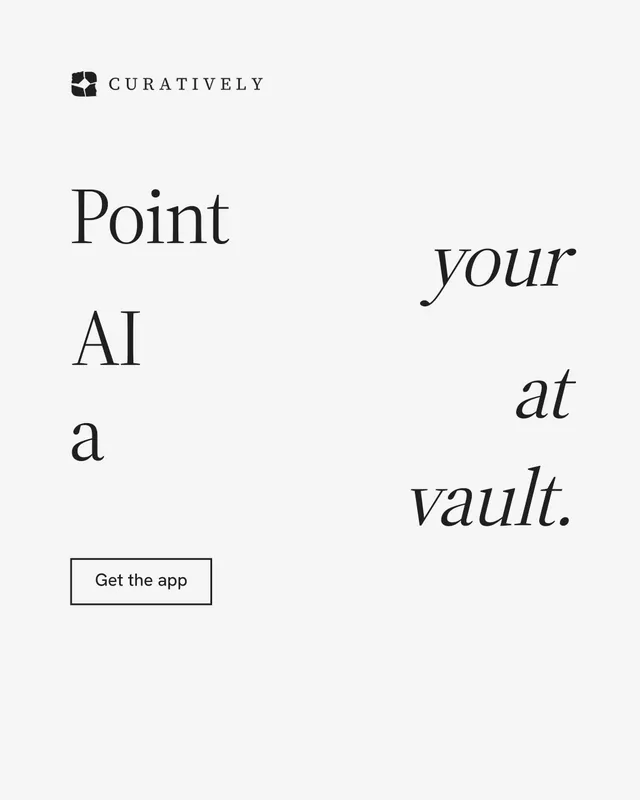 Instagram portrait post for Curatively: "Point your AI at a vault." Editorial style, stacked layout, light palette in white.